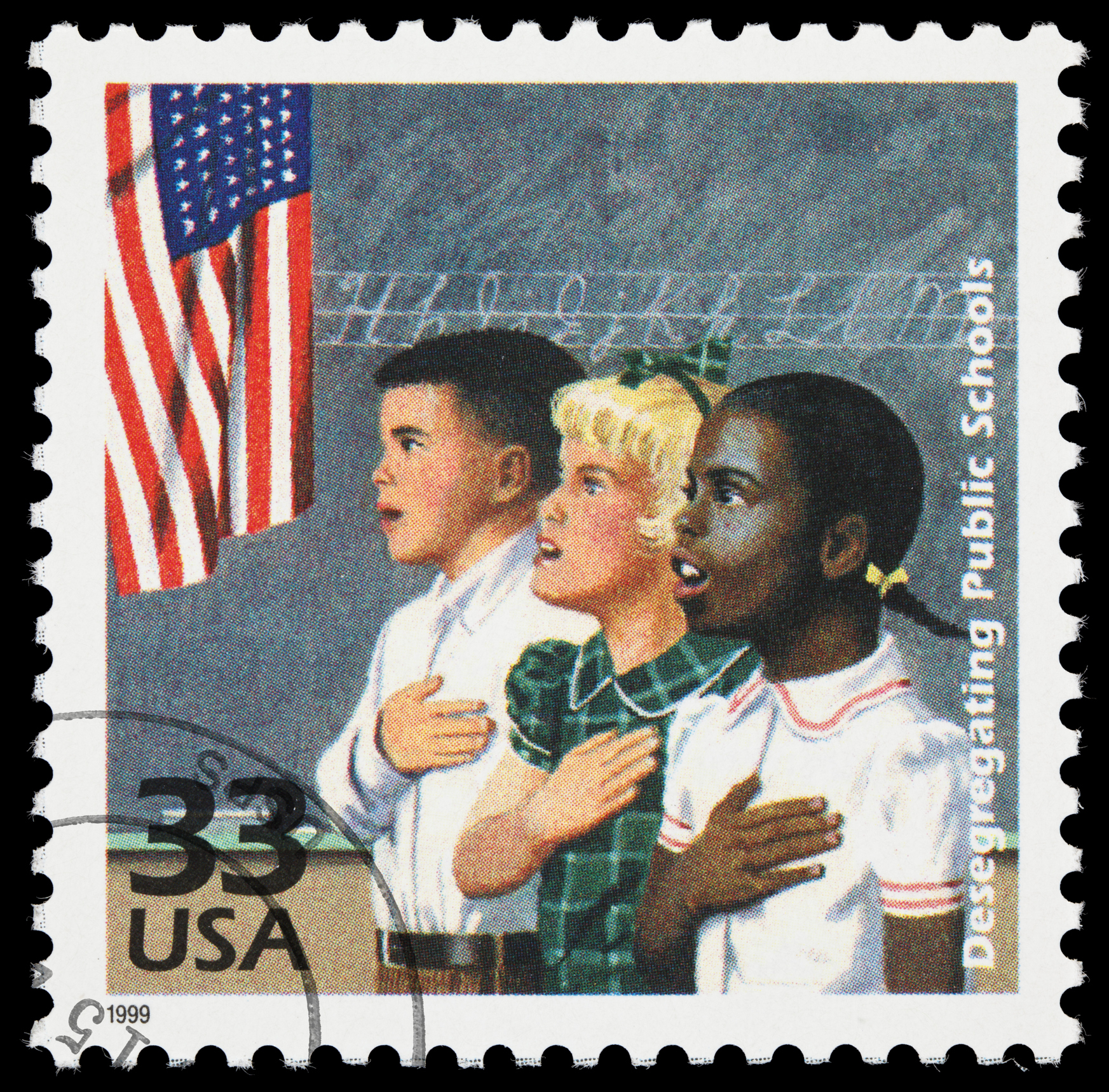 A stamp with elementary students of different races commemorating school desegregation.